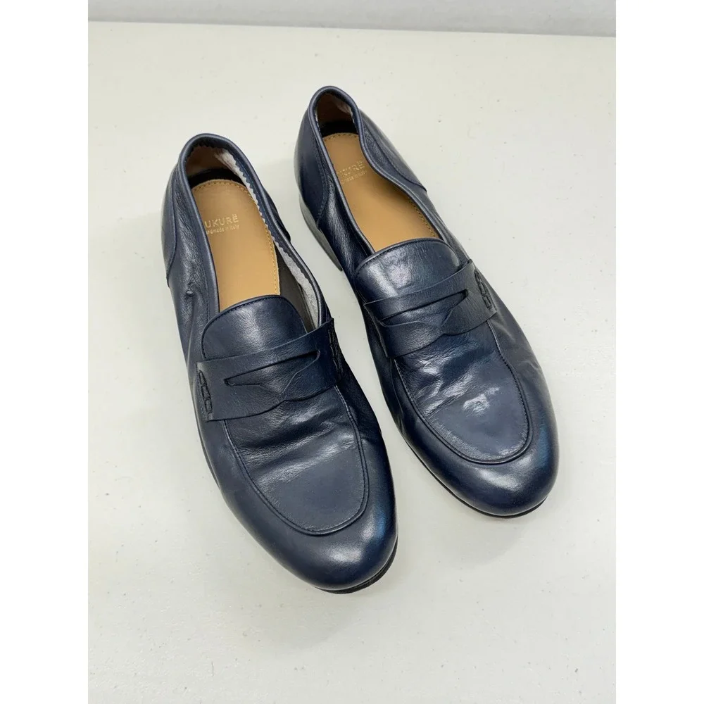 Lukure Navy Blue Leather Penny Loafers Handmade in Italy Size 43 US 10